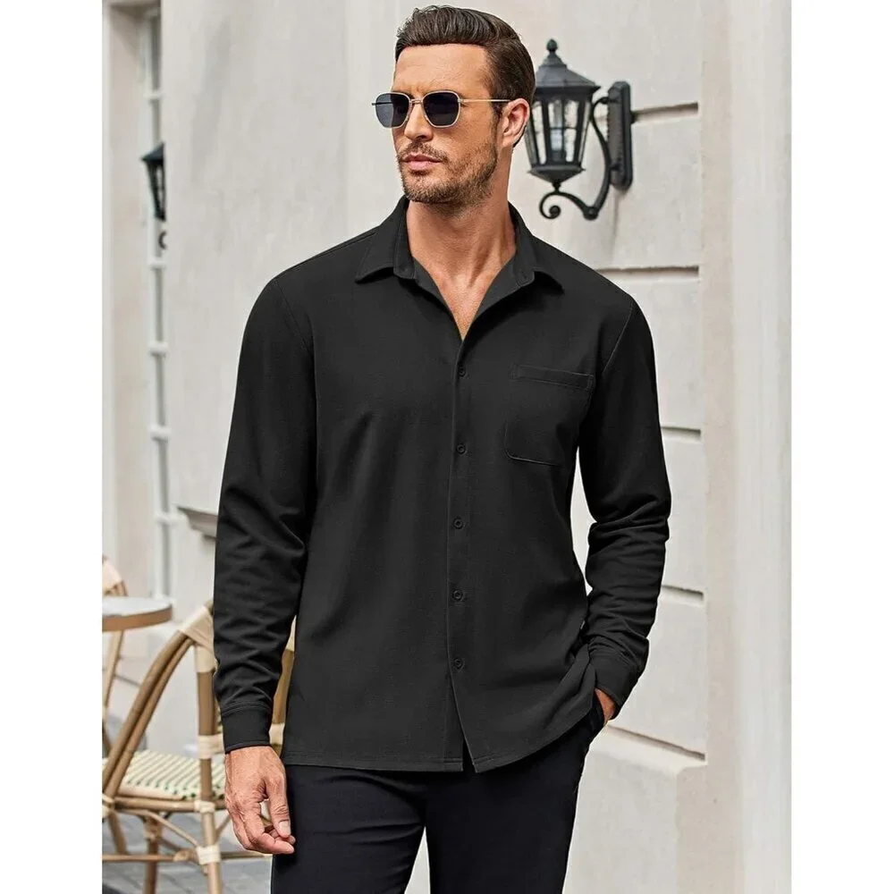 🆕Men's Black Long Sleeve Button Down Shirt Wrinkle Free Untucked Casual Shirts